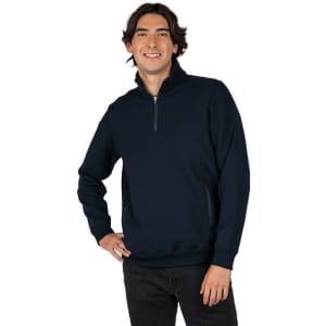 A navy half zip fleece jumper for men, featuring a stand-up collar and side pockets. It has a logo on it.