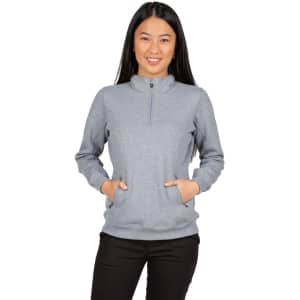 A grey women's half zip fleece jumper with side pockets, featuring a collar and soft fabric.