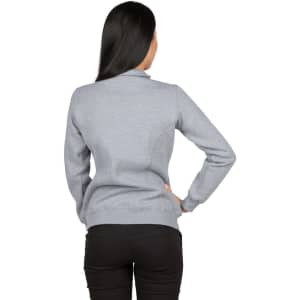 A grey women's half zip fleece jumper with long sleeves and a fitted design, featuring a logo on the back.