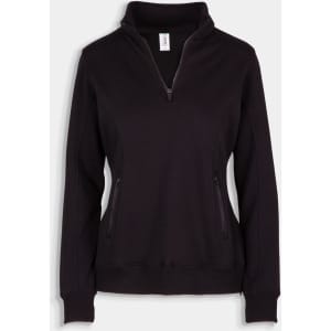 A women's black half-zip fleece jumper with side zip pockets and a collar. Features a logo on the label.