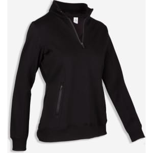 A women's half zip fleece jumper in black, designed with long sleeves and side pockets, featuring a logo.