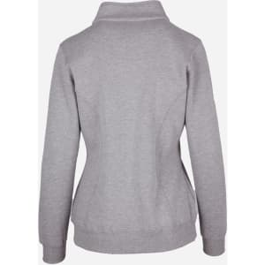 A grey women's half zip fleece jumper featuring a fitted design and a collar, with a logo on the sleeve.
