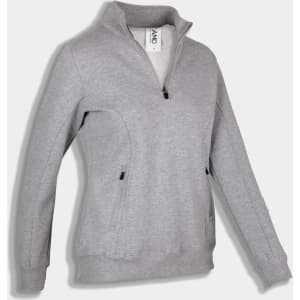 A grey women's polar fleece jumper featuring a half zip and side pockets, with branded logo.