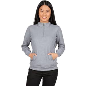 A grey women's half zip fleece jumper featuring side pockets and a stand-up collar.