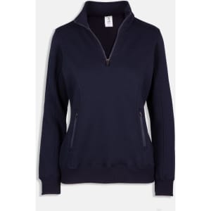 A navy blue women's half zip fleece jumper with zippered pockets and a collar. It features a logo.