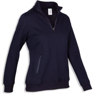 A navy half-zip fleece jumper for women, featuring a collar and side pockets, with a logo on the label.