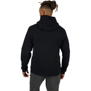 A black men's hoodie with a spacious hood, featuring a simple design and a logo on the back.