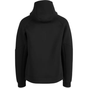 A black hoodie featuring a snug fit and a spacious hood, with a comfortable design and a branding logo.