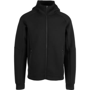 A black zip-up hoodie featuring a high collar and side pockets, with a branding logo on it.