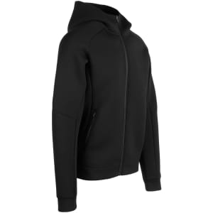 A black hoodie with a front zipper and a hood, featuring side pockets and a smooth fabric texture.