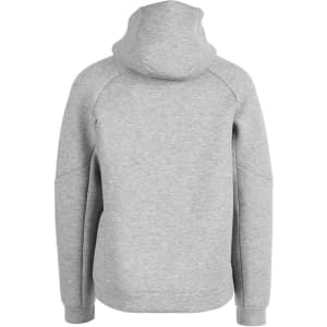 A grey men's hoodie featuring a spacious hood and raglan sleeves, with a logo on the back.