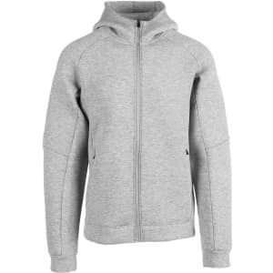 A grey men's hoodie with a zip front and a hood, featuring side pockets and a logo.