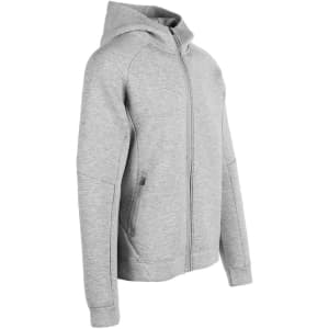 A grey zip-up hoodie with a hood, featuring a smooth fabric texture and side pockets. It has a branding logo.