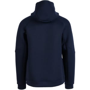 A navy blue men's hoodie featuring a high neck and a hood at the back, with raglan sleeves and a simple design.