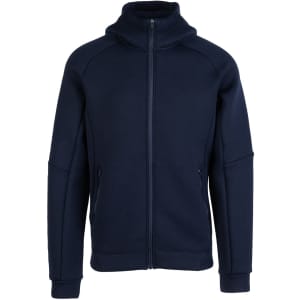A navy blue hoodie with a zip front, high collar, and side pockets, featuring a logo.