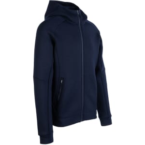 A navy blue men's hoodie with a zip front and a hood, featuring side pockets and a logo.