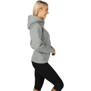 A light grey women's hoodie with a hood, featuring a fitted design and side pockets, paired with black leggings.