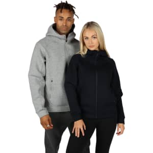 A grey hoodie with a zip front and pockets, paired with a black hoodie, both featuring hoods. Each has a logo.