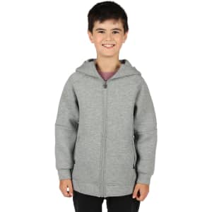 A light grey hoodie with a zip and a hood, displayed on a smiling child. The hoodie features a logo.