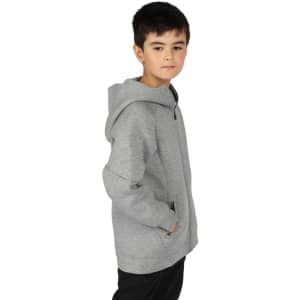A grey hoodie with a zip and side pockets, featuring a hood and a logo. Suitable for juniors.
