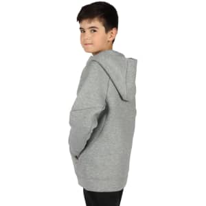 A grey hoodie featuring a spacious hood and kangaroo pocket, with a logo on the side.
