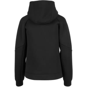 A black women's/junior hoodie with a hood and long sleeves, featuring a logo.
