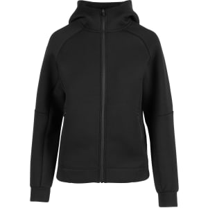 A black women's hoodie featuring a zip front, long sleeves, and a hood. It has a small logo at the chest.