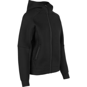 A black hoodie with a full zip and side pockets, featuring a fitted design and a hood.