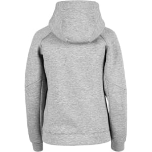 A grey women's junior hoodie featuring a hood and a simple design, with a brand logo on the back.