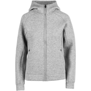 A grey women's/junior hoodie with a zip front and a hood. It has a logo on it.