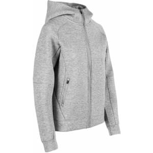 A grey hoodie with a zip front and hood, featuring side pockets and a logo.