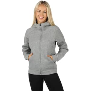 A grey women's junior hoodie with a front zip, hood, and side pockets, featuring a logo.