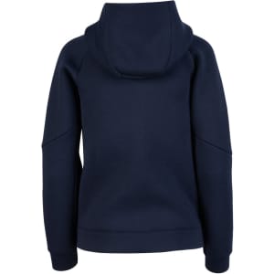 A navy women's/junior hoodie featuring a relaxed fit and a large hood, with a plain back design. It has a logo.