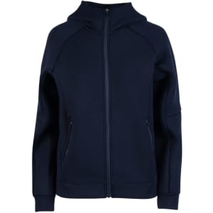A navy blue women's/junior hoodie featuring a zippered front and two pockets. It has a logo on it.