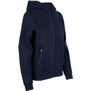 A navy blue women's/junior hoodie with a zip front and pockets. It features a hood and a fitted design.