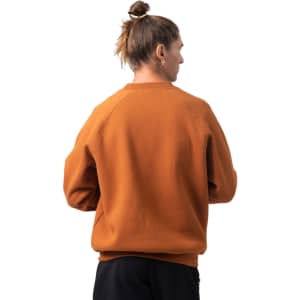 A brown sweatshirt with a relaxed fit, featuring raglan sleeves and a plain design without visible logos.