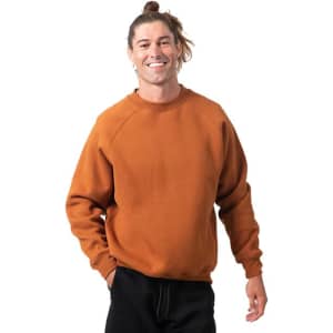 A brown cotton sweatshirt with raglan sleeves, worn by a smiling man. The design features a logo on the front.