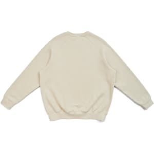 A beige adults' cotton sweatshirt with a relaxed fit and ribbed cuffs at the sleeves and hem, featuring a logo.