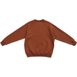 A brown cotton sweatshirt with raglan sleeves and a ribbed hem, featuring a logo on the back.