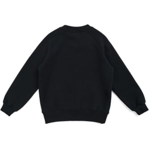 A black kids' cotton sweatshirt with long sleeves and a rounded neckline, featuring a logo.