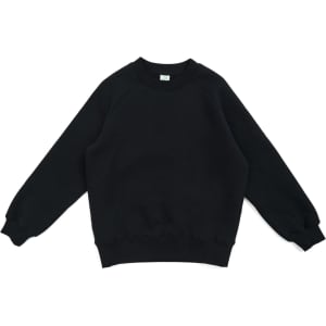 A black kids' cotton sweatshirt with a classic crew neck and ribbed cuffs. Features a logo on the label.