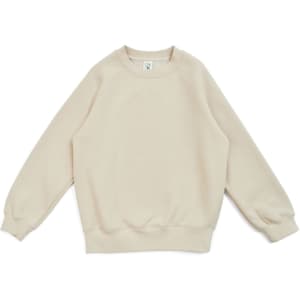 A beige cotton sweatshirt with a round neckline and long sleeves, featuring a logo on the label.