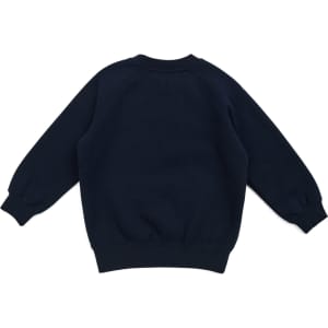A navy blue kids' cotton sweatshirt with long sleeves and a ribbed hem, featuring a logo on the back.