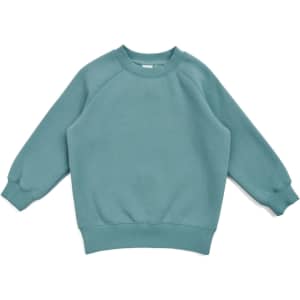 A teal cotton sweatshirt with long sleeves and a ribbed neckline, featuring a logo.