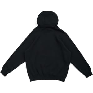 A black men's cotton hoodie with a kangaroo pocket and a spacious hood, featuring a logo on the front.