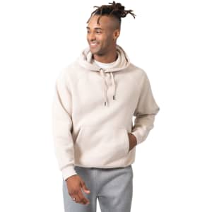 A men's cotton care kangaroo hoodie in a light beige colour, featuring a front pocket and a drawstring hood.