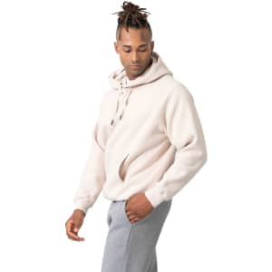 A men's cotton care kangaroo hoodie in a light beige colour, featuring a front pocket and a logo.