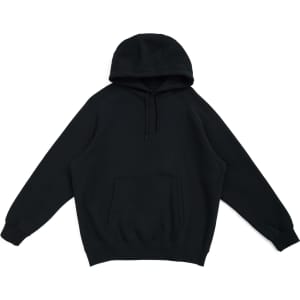 A black kangaroo hoodie with a front pocket and an adjustable hood, made from cotton.