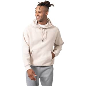 A men's kangaroo hoodie in a light beige colour, featuring a front pocket and a drawstring hood.