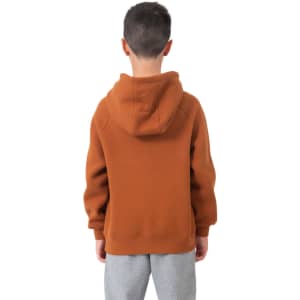 A brown hoodie with a kangaroo pocket and a hood, viewed from the back, worn by a model in grey pants.